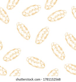 Seamless Pattern with Braided bread. Bakery product. For printing wrapping paper, packaging, fabric. Hand Drawn vector illustration.