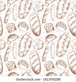 Seamless Pattern with Braided bread, French baguette, white long loaf, buns and croissant. Bakery product. Vintage style. For printing wrapping paper, packaging, fabric. Hand Drawn vector illustration