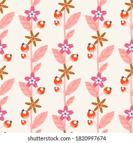 Seamless pattern of a branch of abstract flowers in a modern style. Pink and yellow stylized flowers with red berries. Vector illustration on isolated background. For print and web.