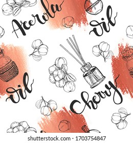 Seamless Pattern with branch acerola cherry, fruit, flower and glass bottle with oil and accessories. Detailed hand-drawn sketches, vector botanical illustration.