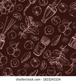 Patrón sin foco con macerola ramificada, fruta, flor y botella de vidrio con aceite y accesorios. Esbozos detallados dibujados a mano, ilustración botánica vectorial.