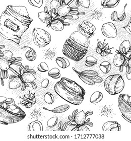 Seamless Pattern with branch argan tree with fruits, nuts argans, leaves, flower argans Detailed hand-drawn sketches, vector botanical illustration.