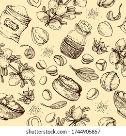 Patrón sin soldadura con árbol de argán bifurcación con frutos, argans de nueces, hojas, argans de flores. Esbozos detallados a mano, ilustración botánica vectorial.