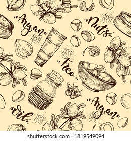 Seamless Pattern with branch argan tree with fruits, nuts argans, leaves, flower argans Detailed hand-drawn sketches, vector botanical illustration.