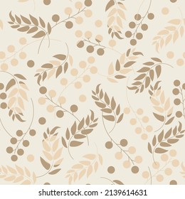 seamless pattern with branch, berries and leaves, neutral background, vector design for paper, fabric and other surface