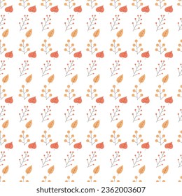 Seamless pattern with branch with berries and leaves. Color flat vector illustration.