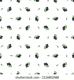 Seamless pattern with branch of black olives with fruits and leaves. Greek traditional food print on white background. Vector flat illustration