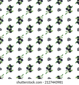 Seamless pattern with branch of black olives with fruits and leaves. Greek traditional food print on white background. Vector flat illustration
