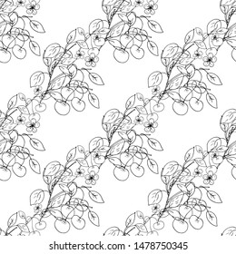 Seamless pattern of a branch with cherries and leaves. Vector illustration.