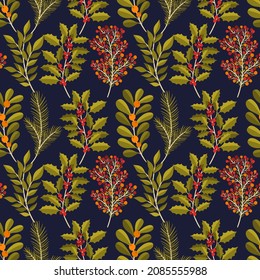 Seamless pattern branch Christmas floral plant.New year 2022 ornament.Decoration botanical design. Vector illustration.