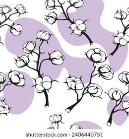 nahtloses Muster von Baumwolle, Blumen und Blättern der Pflanze. Handgezeichnete Skizze botanische Illustration. Wildblumen mit Stielen.