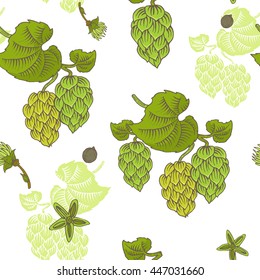 Seamless pattern with the branch of green hops with cones in a woodcut style. Vector background.