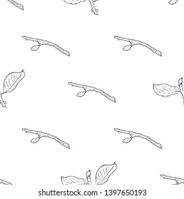 Seamless pattern branch with green leaves. Drawing, vector illustration, white background.
