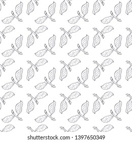 Seamless pattern branch with green leaves. Drawing, vector illustration, white background.