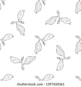 Seamless pattern branch with green leaves. Drawing, vector illustration, white background.