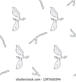 Seamless pattern branch with green leaves. Drawing, vector illustration, white background.