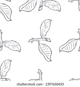 Seamless pattern branch with green leaves. Drawing, vector illustration, white background.