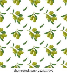 Seamless pattern with branch of green olives with fruits and leaves. Greek traditional food print on white background. Vector flat illustration