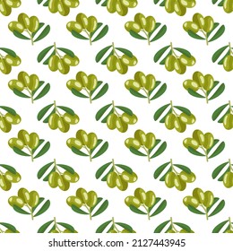 Seamless pattern with branch of green olives with fruits and leaves. Greek traditional food print on white background. Vector flat illustration