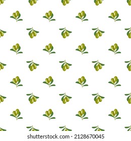 Seamless pattern with branch of green olives with fruits and leaves. Greek traditional food print on white background. Vector flat illustration