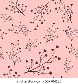 Seamless pattern branch with hearts. Hand draw vector seamless texture of the branches on the pink background.