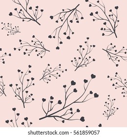 Seamless pattern branch with hearts. Hand draw vector seamless texture of the branches on the pink background.
