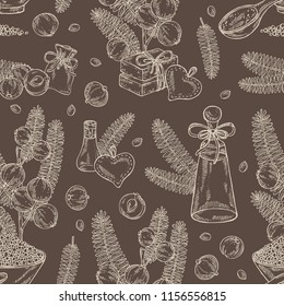 Seamless pattern with branch of indian gooseberry, amla: berries and leaves of amla, oil, soap and bath salt . Cosmetic and medical plant. Vector hand drawn illustration. 