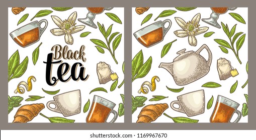 Seamless pattern with branch, leaf, flower, lemon, croissant, bag, cup. Lettering Black Tea. Vector color vintage engraving illustration on white background. For label, poster, web