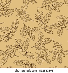 seamless pattern with branch with leaves and berries coffee, hand-drawn