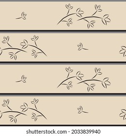 Patrón sin soldadura de una rama de hojas y líneas horizontales. Ilustración vectorial, color de fondo de fondo de fondo de papel pintado de estilo japonés.