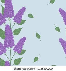 Seamless pattern with a branch of lilac on a blue background. For decorating fabrics, packaging and wallpaper. Vector illustration.