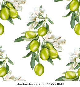 Seamless pattern of a branch of olives and flowers on a white background. 