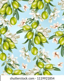 Seamless pattern of a branch of olives and flowers on a blue background. 