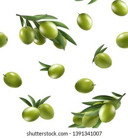 Seamless pattern of a branch of olives and flowers on a white background. Vector