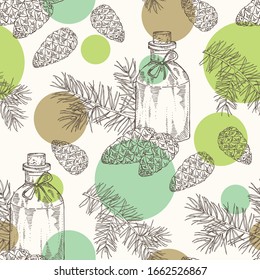 Seamless pattern with branch of pine tree, cone and bottle of pine tree essential oil. Cosmetic, perfumery and medical plant. Vector hand drawn illustration.