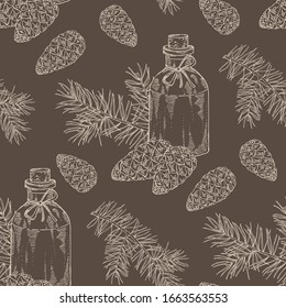 Seamless pattern with branch of pine tree, cone and bottle of pine tree essential oil. Cosmetic, perfumery and medical plant. Vector hand drawn illustration.