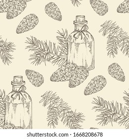 Seamless pattern with branch of pine tree, cone and bottle of pine tree essential oil. Cosmetic, perfumery and medical plant. Vector hand drawn illustration.