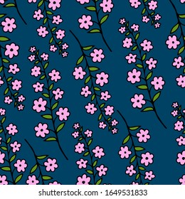 Patrón sin inconvenientes con una rama de flores rosas sobre un fondo azul. Diseño para impresión en papel y tela.
