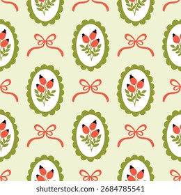 Patrón sin fisuras con rama de frutos de rosa y hojas ubicadas en un arco ovalado y rojo sobre un fondo verde claro. Fondo botánico en un lindo estilo vintage. Ilustración vectorial dibujada a mano.