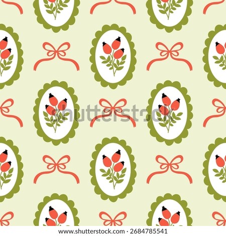 Seamless pattern with branch of rose fruits and leaves located in an oval and red bows on a light green background. Botanical background in a cute vintage style. Hand drawn vector illustration.