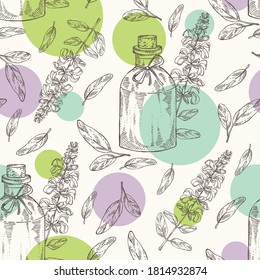 Seamless pattern with branch of sage, leaves, flowers and bottle of sage essential oil. Cosmetic, perfumery and medical plant. Vector hand drawn illustration.