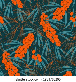 Seamless pattern with branch of sea buckthorn, berries and leaves. Vector. Perfect for design templates, wallpaper, wrapping, fabric and textile.