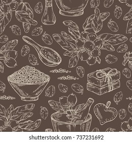 Seamless pattern with branch shea, shea nut, essential oil, soap and bath salt . Cosmetic, perfumery and medical plant. Vector hand drawn illustration. 