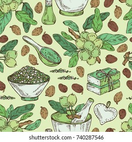 Seamless pattern with branch shea, shea nut, essential oil, soap and bath salt . Cosmetic, perfumery and medical plant. Vector hand drawn illustration.