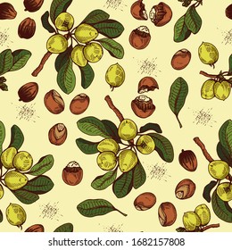 Seamless Pattern with branch Shea tree with fruits, nuts, leaves and Shea butter. Detailed hand-drawn sketches, vector botanical illustration. For cosmetics, medicine, aromatherapy. svg