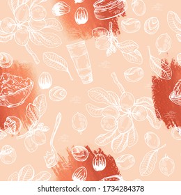 Seamless Pattern with branch Shea tree with fruits, nuts, leaves and Shea butter. Detailed hand-drawn sketches, vector botanical illustration. For cosmetics, medicine, aromatherapy.