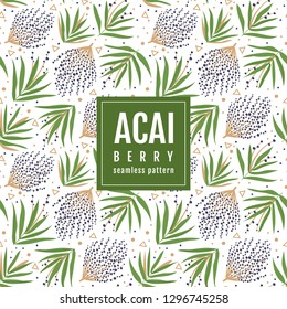 Seamless pattern of the branches of acai berry and tropical leaves on a white background. Vector template packaging design beauty products