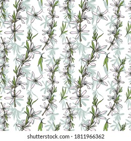 Seamless pattern of the branches of the almonds. Botanical pattern.Almonds with flowers, leaves, buds. For decoration of textiles, fabrics, paper, Wallpaper, packaging, etc.