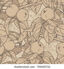 seamless pattern with branches of apple tree, leaves and fruits, vector illustration