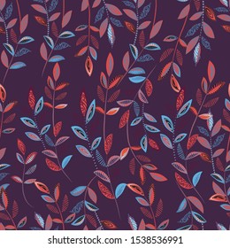 Seamless pattern, branches with autumn leaves on a dark purple background.
Printing on textiles, paper, ceramics, wallpaper. Vector graphics.
